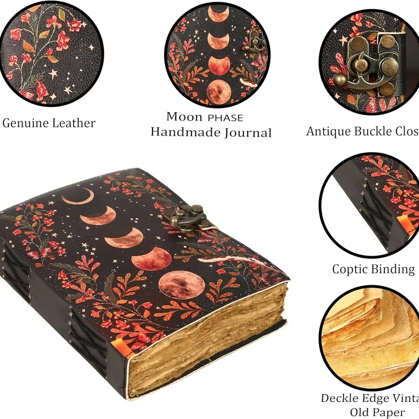 Leather Journal Blank Vintage Notebook with Moon Print