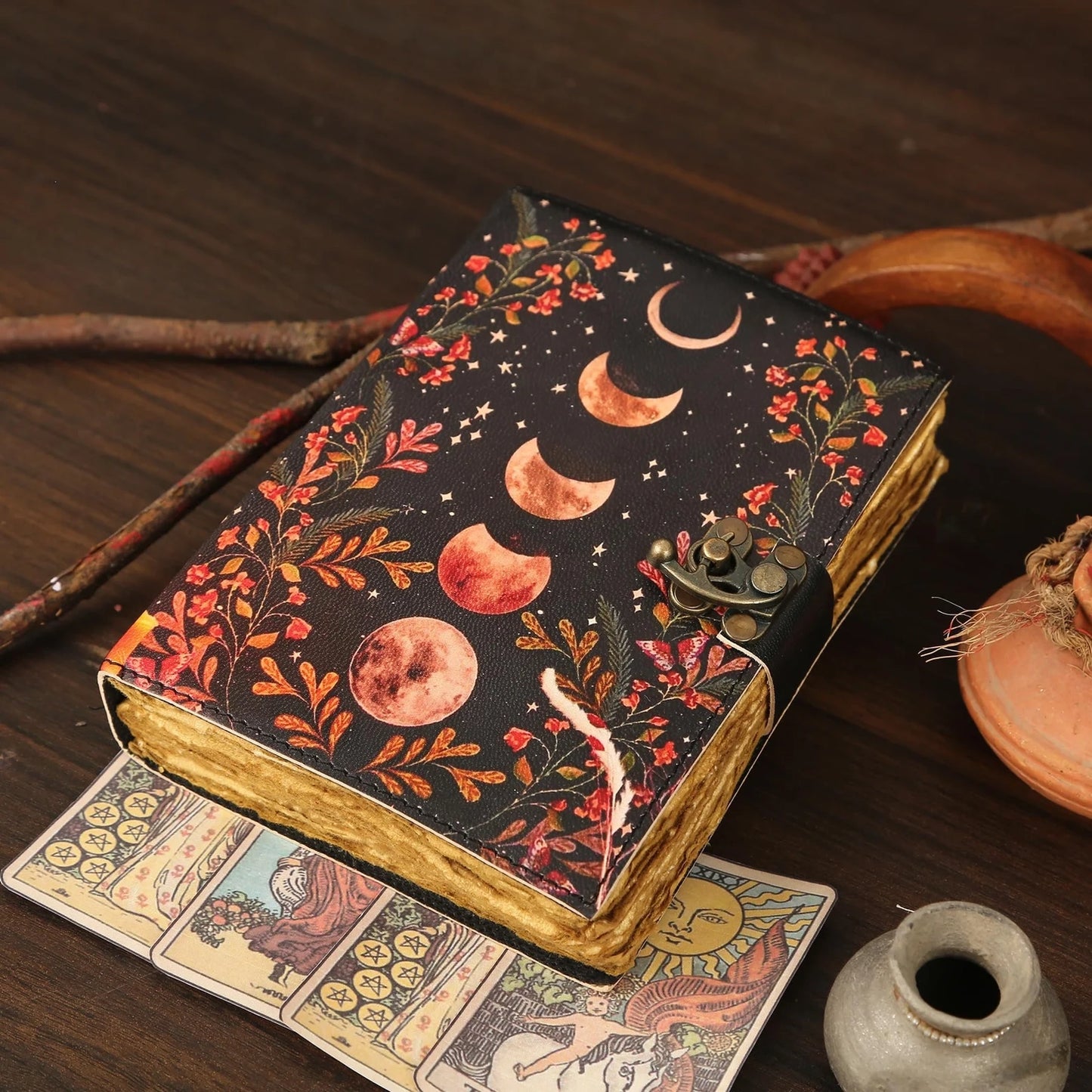 Leather Journal Blank Vintage Notebook with Moon Print